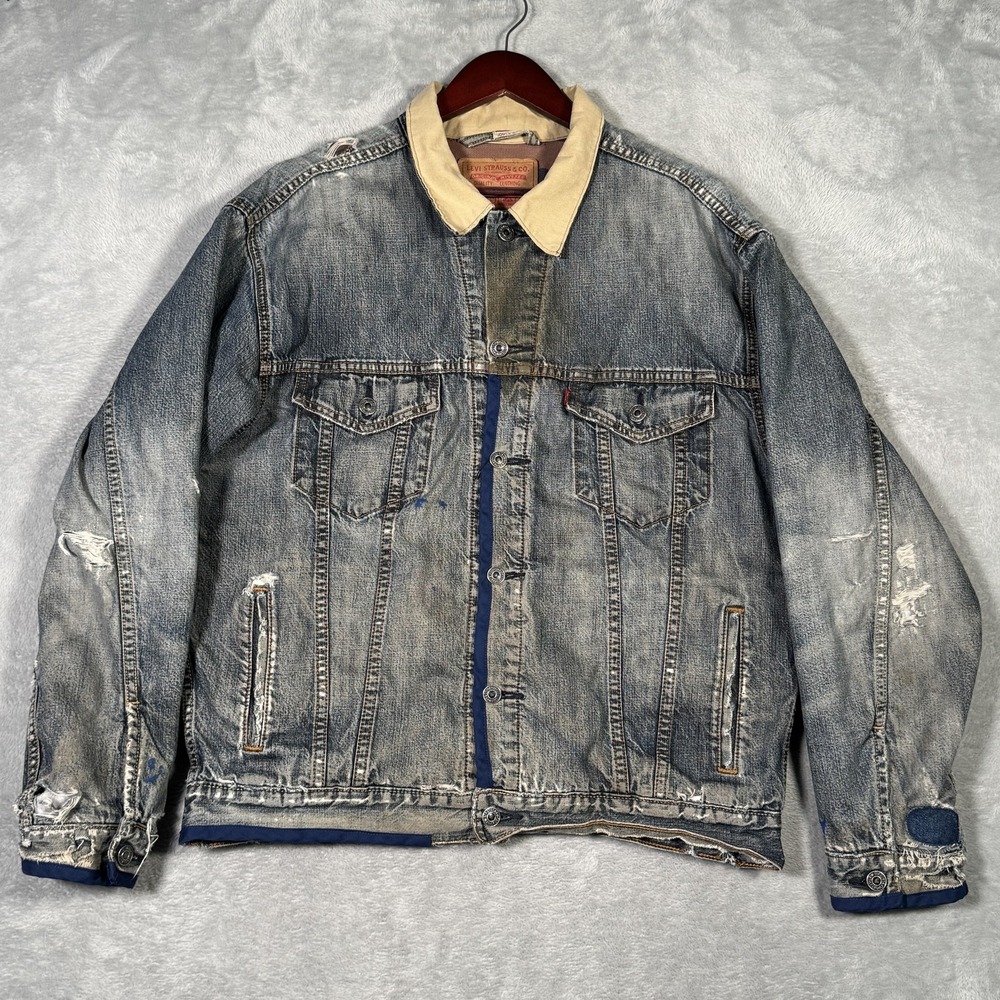 Levis Trucker Jacket Mens L Blue Thrashed Distressed Denim Lined‎ Honeycomb